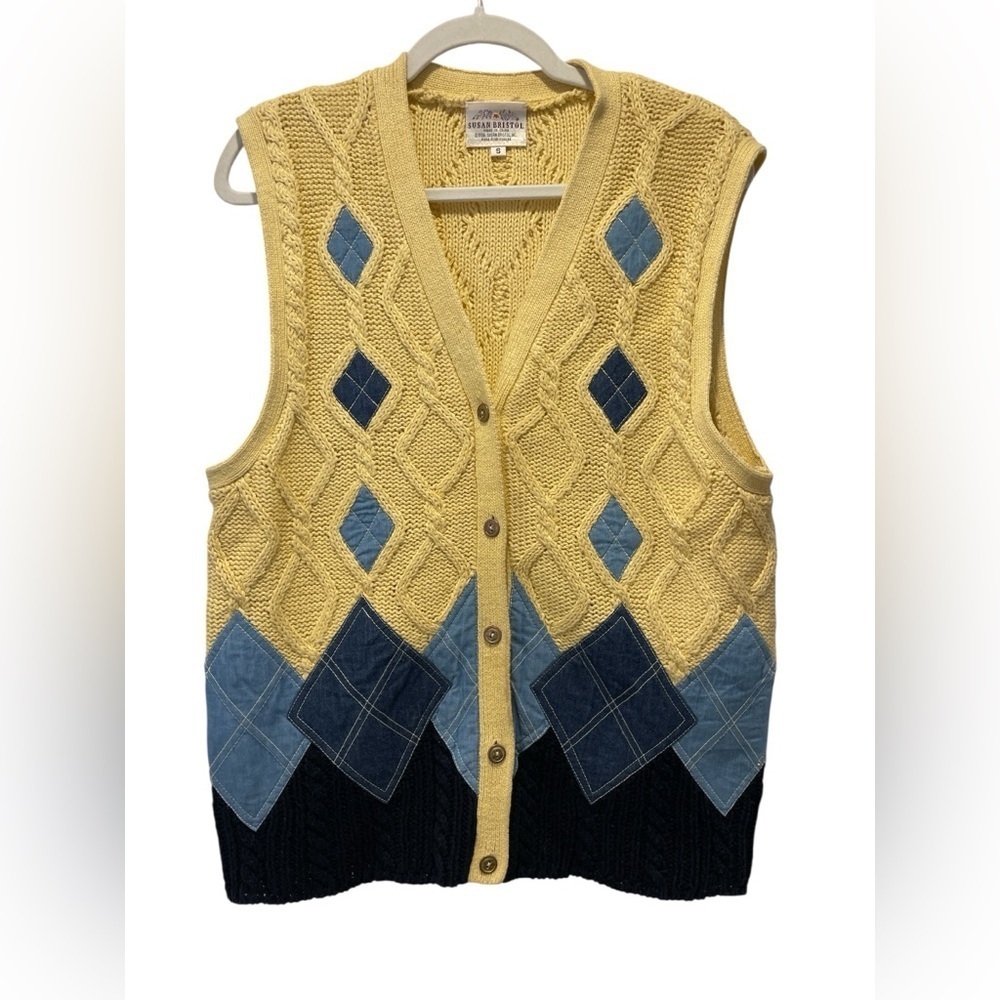 Susan Bristol Yellow and Blue Cardigan with Vintage Knit Design Size S